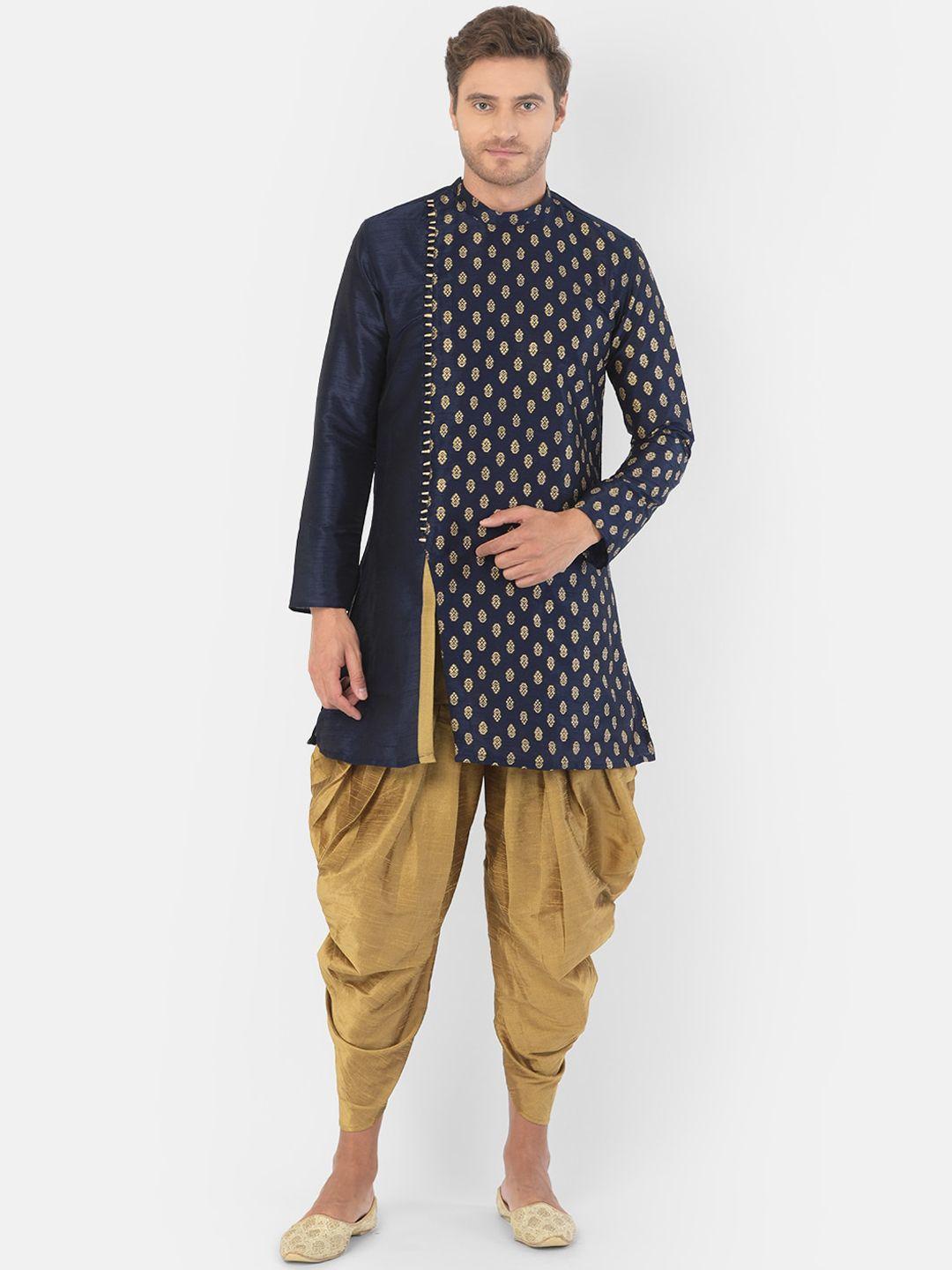 deyann men navy blue & gold-toned woven design kurta with dhoti pants