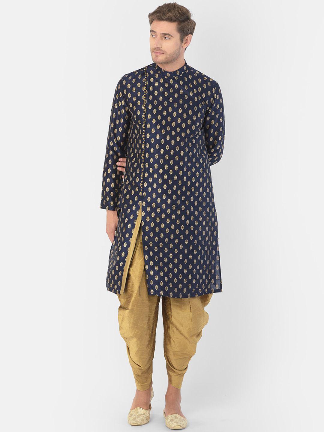 deyann men navy blue & golden woven design kurta with dhoti pants