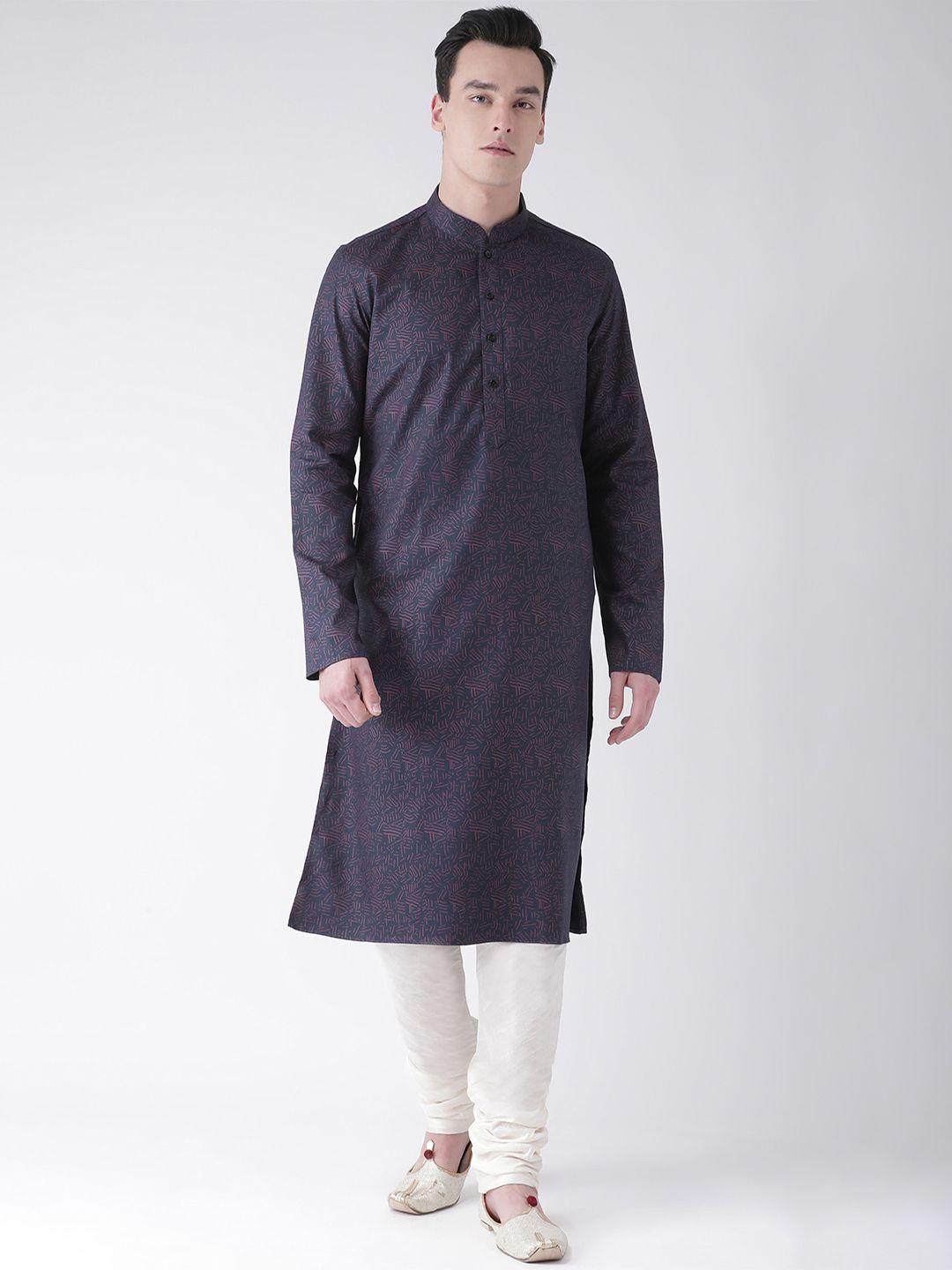 deyann men navy blue & maroon printed kurta with churidar