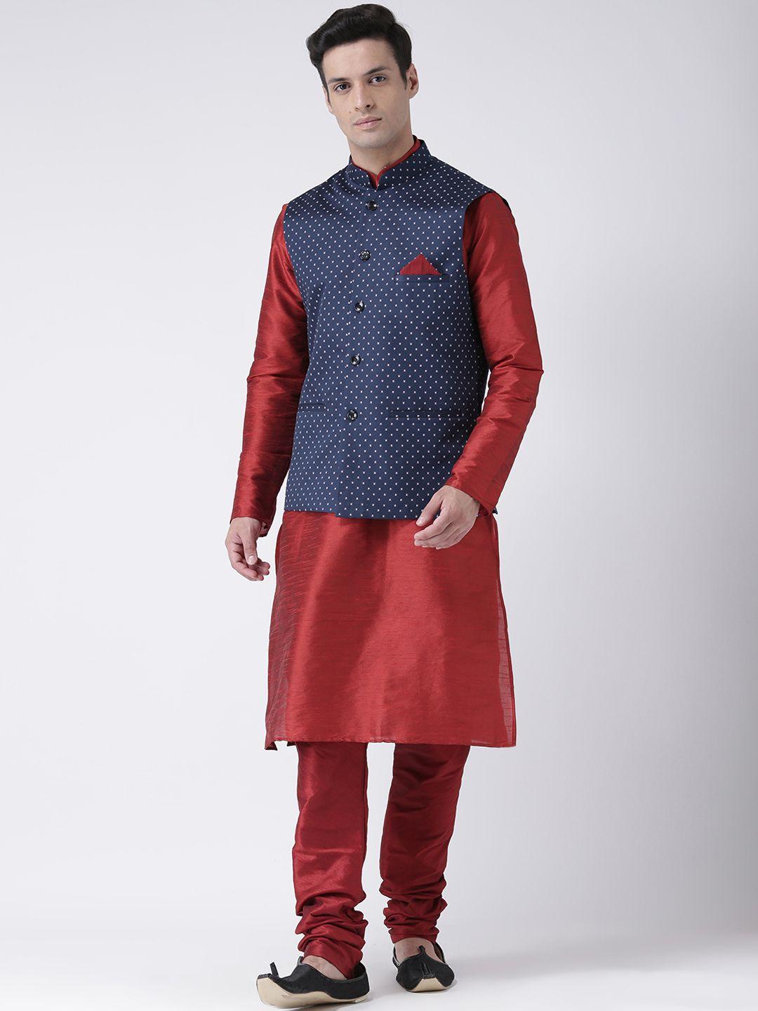 deyann men navy blue & maroon self design kurta with churidar