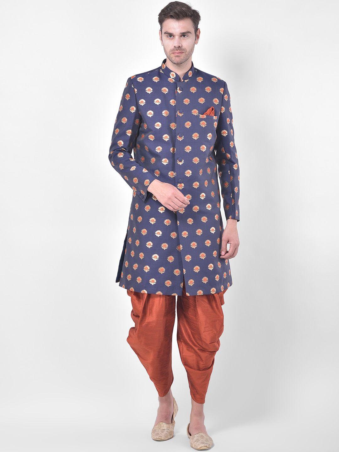 deyann men navy blue & orange woven-design jacquard & dupion silk sherwani set