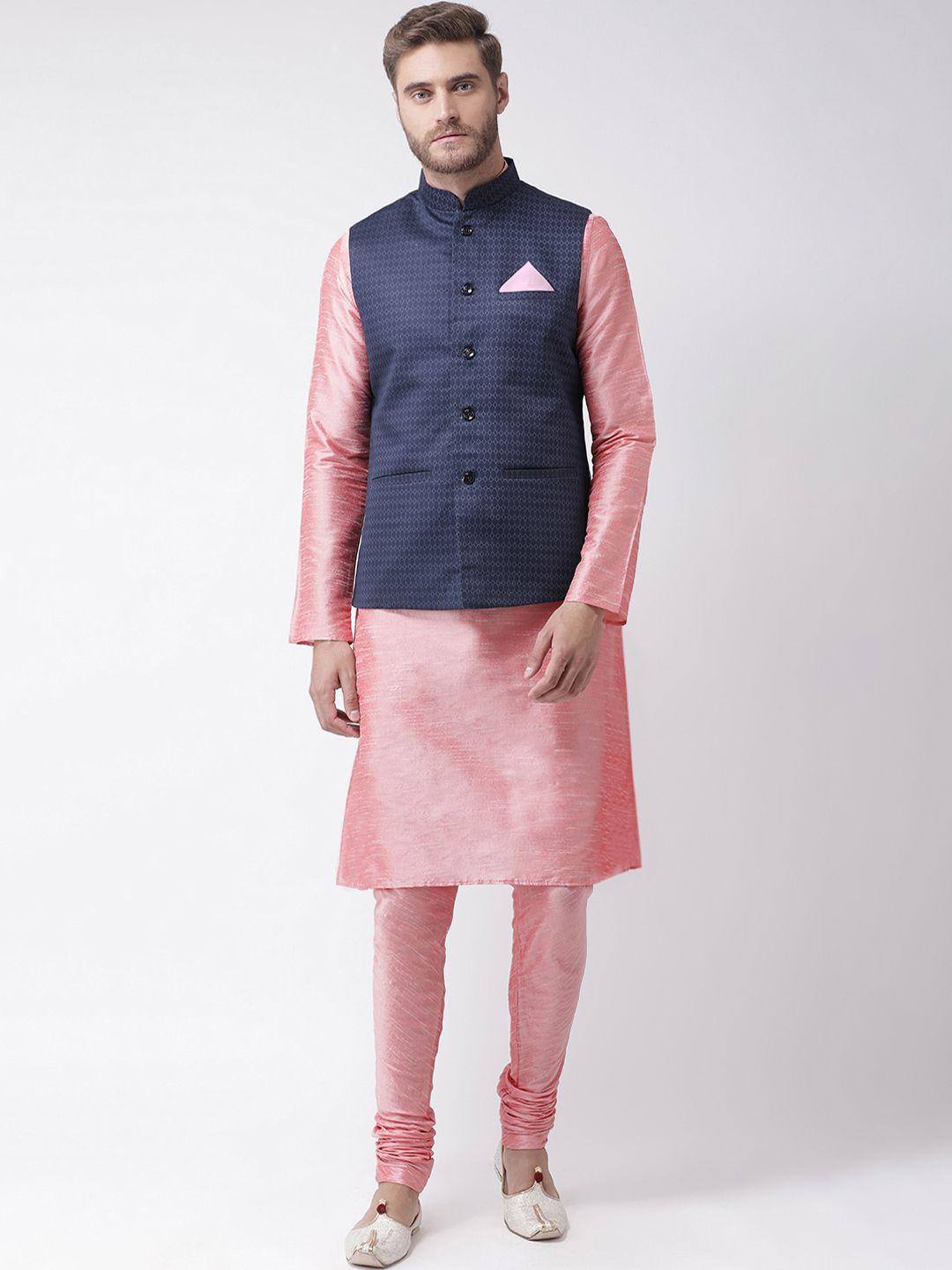 deyann men navy blue & pink printed kurta set