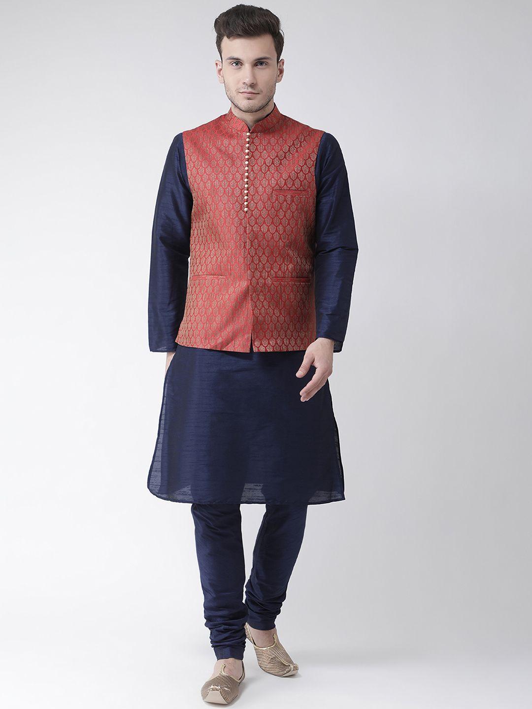 deyann men navy blue & red solid kurta with pyjamas & nehru jacket