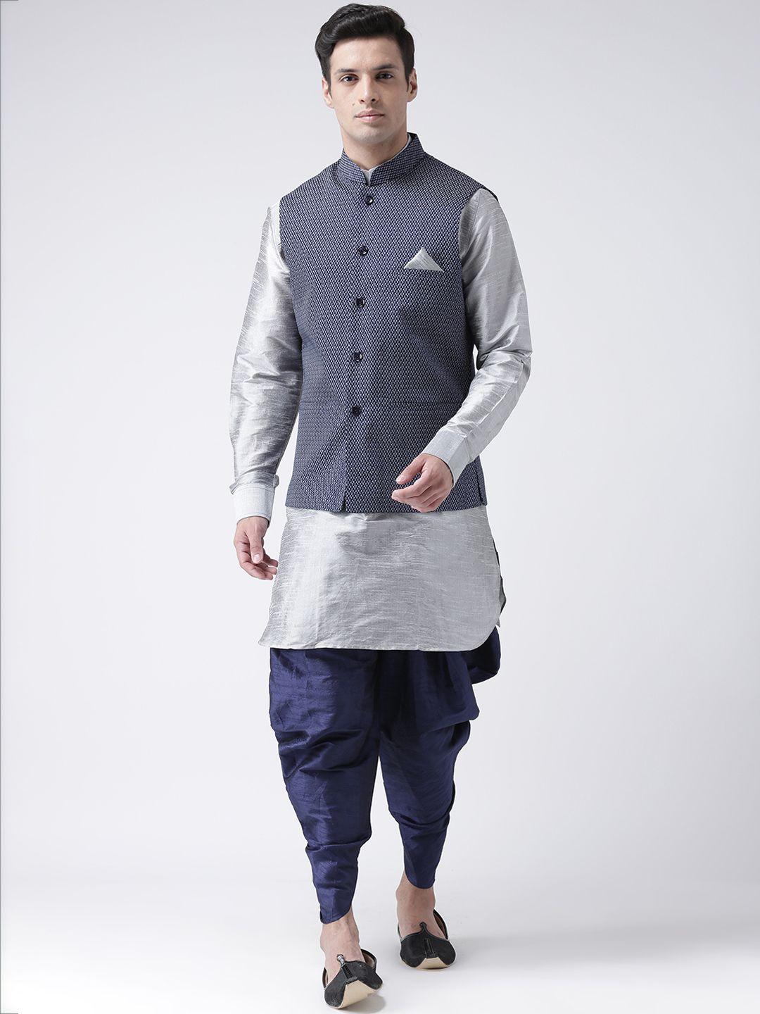 deyann men navy blue & silver-toned printed kurta with patiala