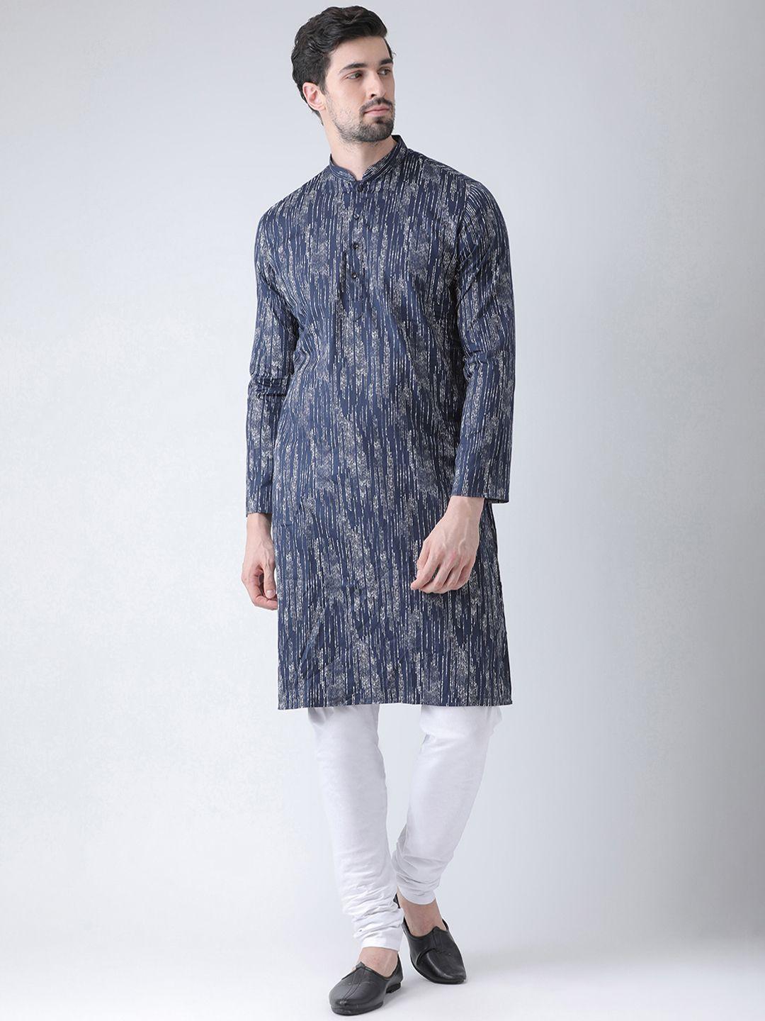 deyann men navy blue & white printed kurta with churidar