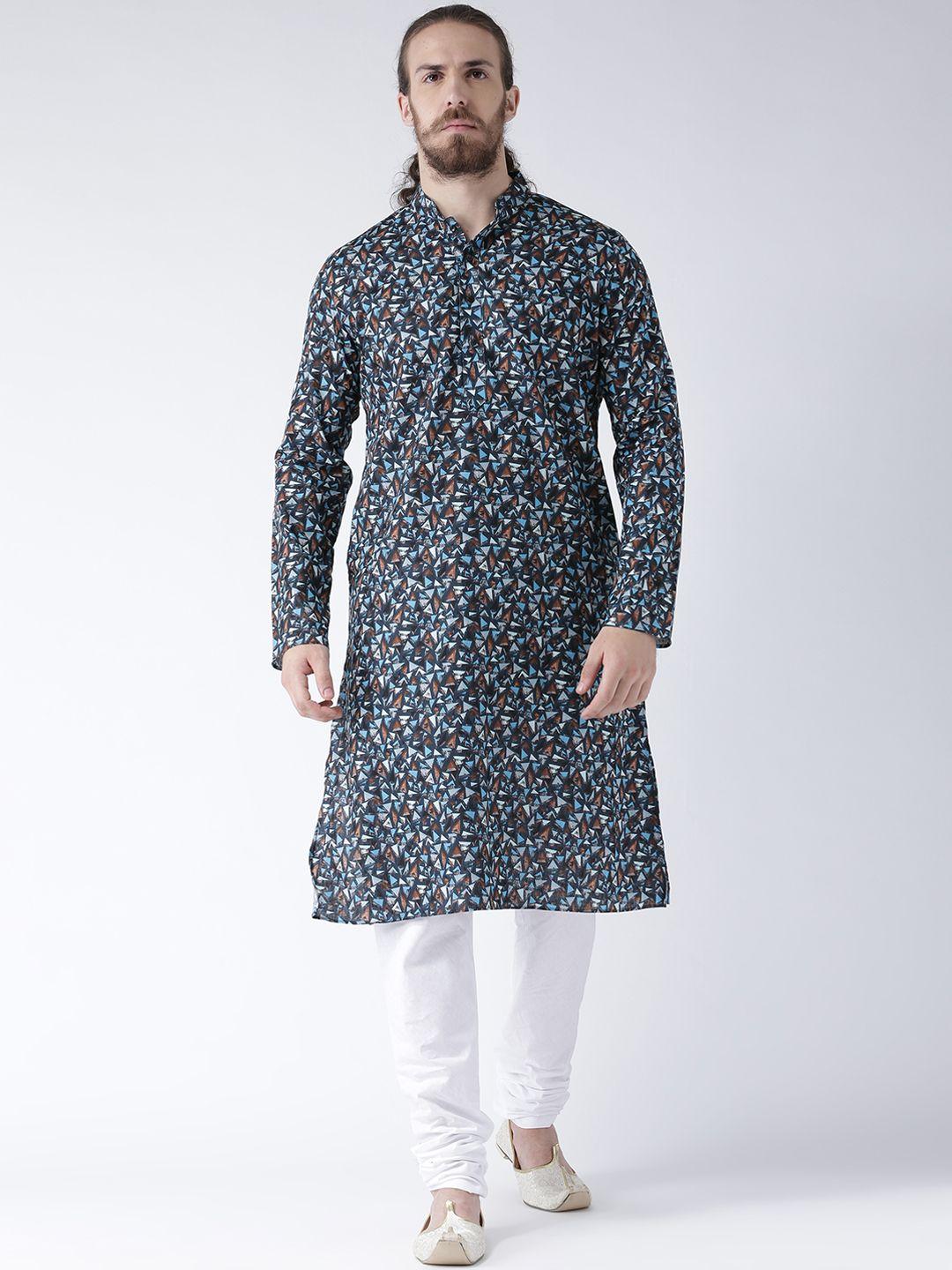 deyann men navy blue & white printed kurta with churidar
