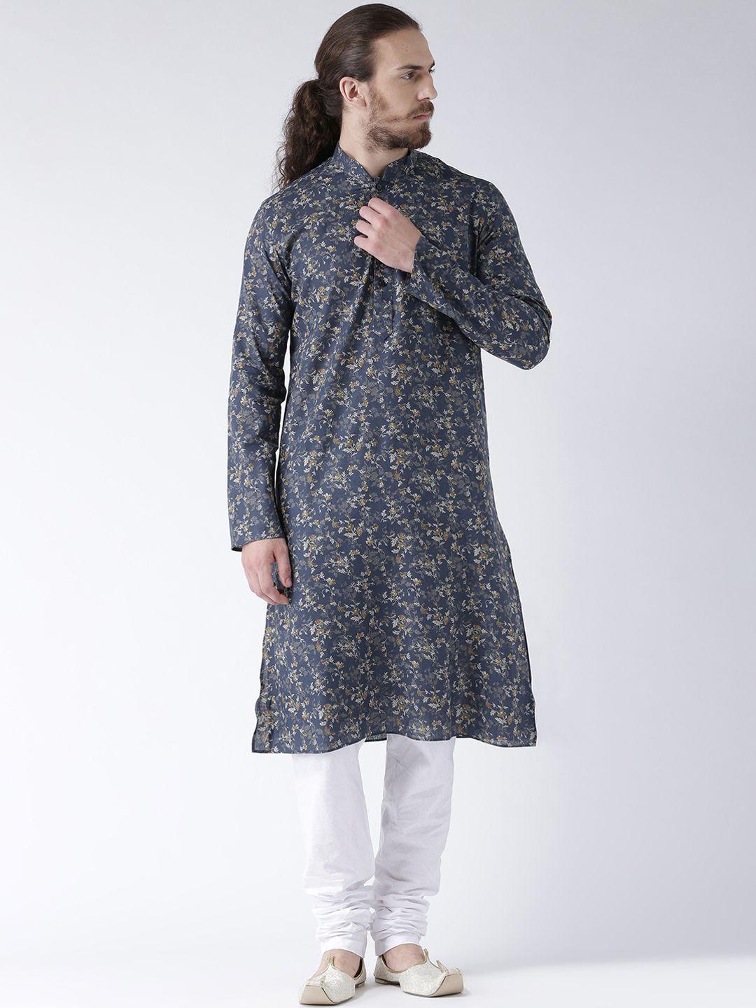 deyann men navy blue & white printed kurta with churidar