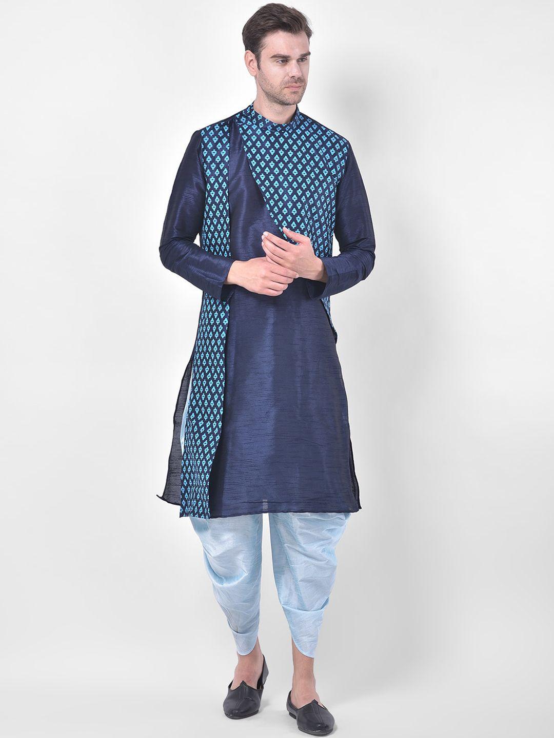 deyann men navy blue ethnic motifs printed layered straight dupion silk kurta & patiala