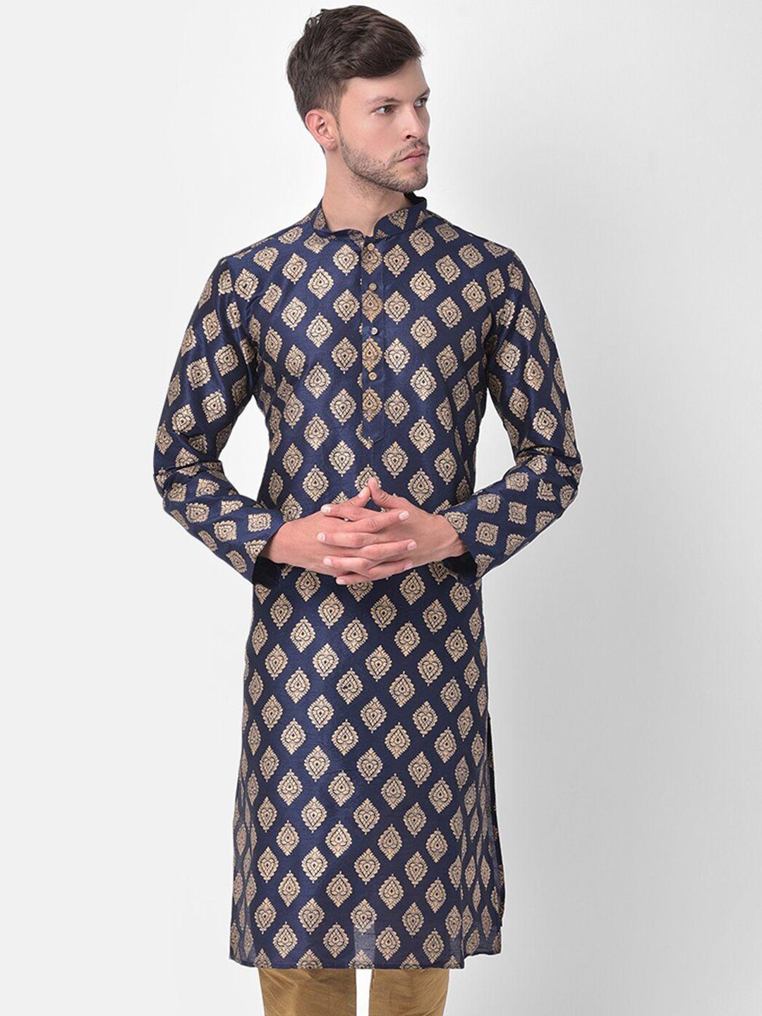 deyann men navy blue ethnic motifs printed regular dupion silk kurta with churidar