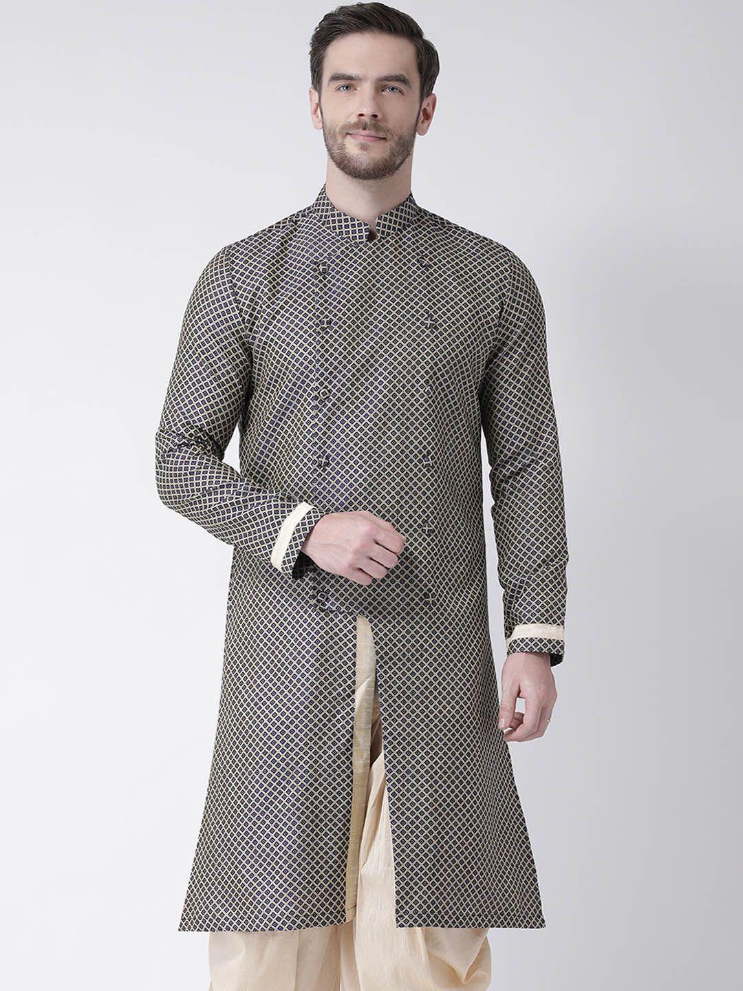 deyann men navy blue high slit kurta with dhoti pants