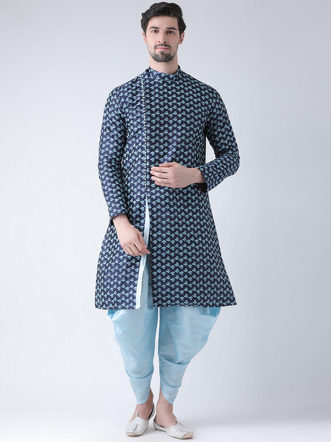 deyann men navy blue printed dupion silk straight kurta