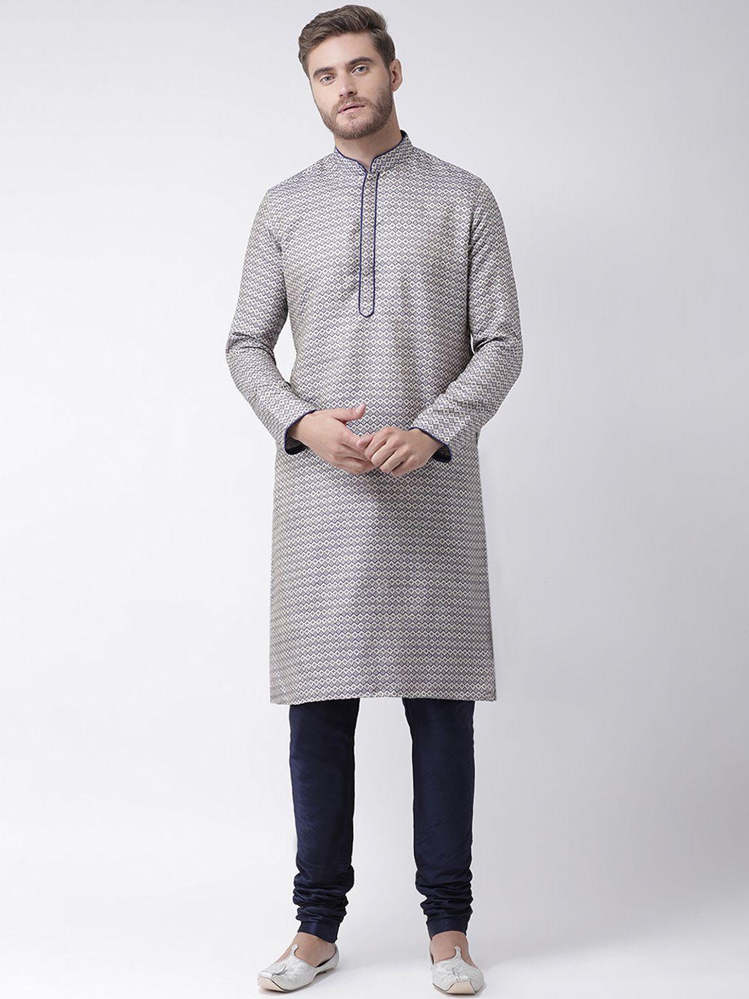 deyann men navy blue printed kurta with churidar