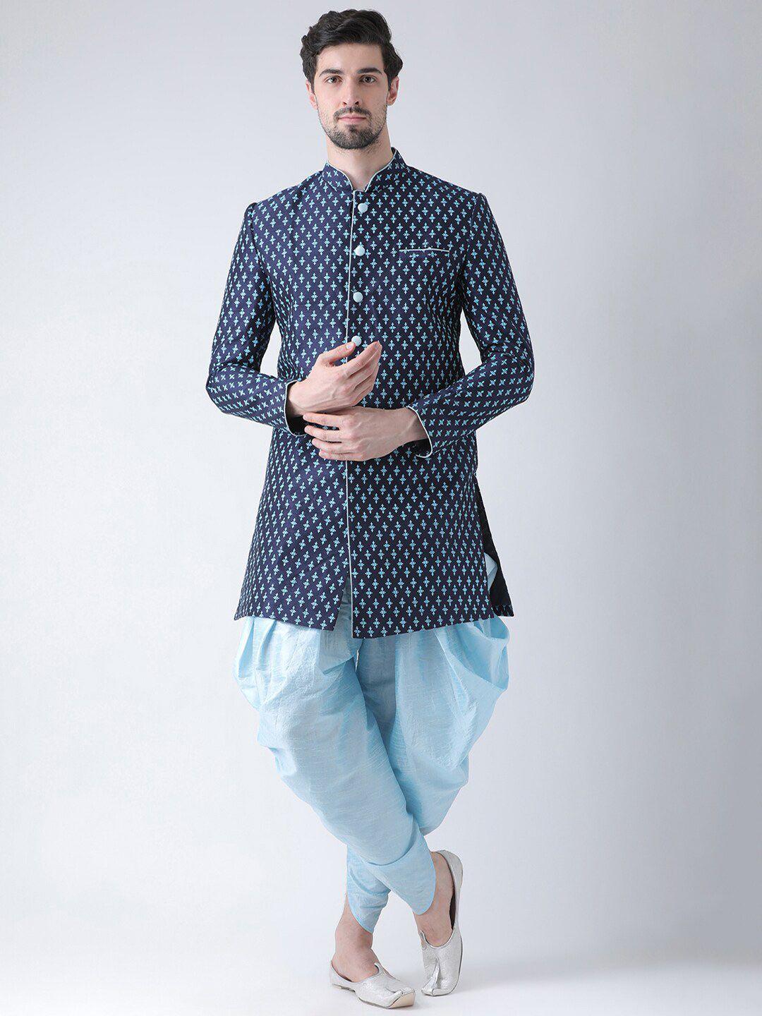 deyann men navy blue printed sherwani with patiala pants