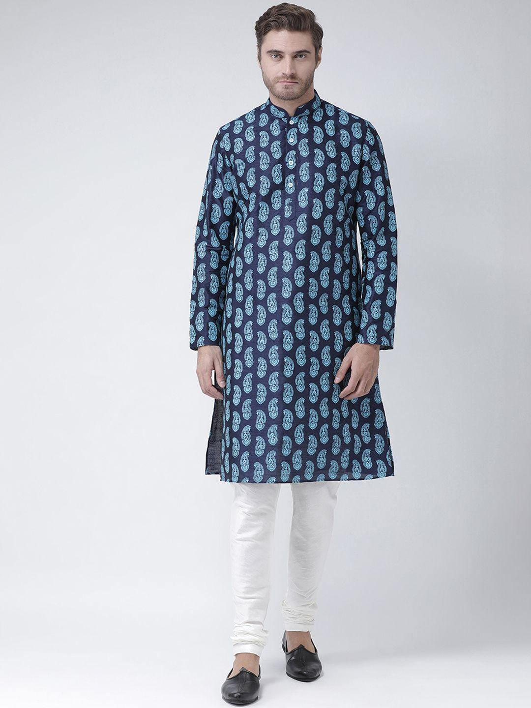 deyann men navy blue printed straight kurta