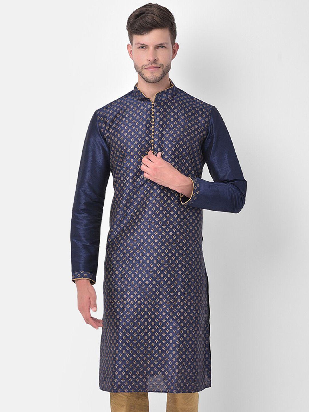 deyann men navy blue regular dupion silk kurta with churidar