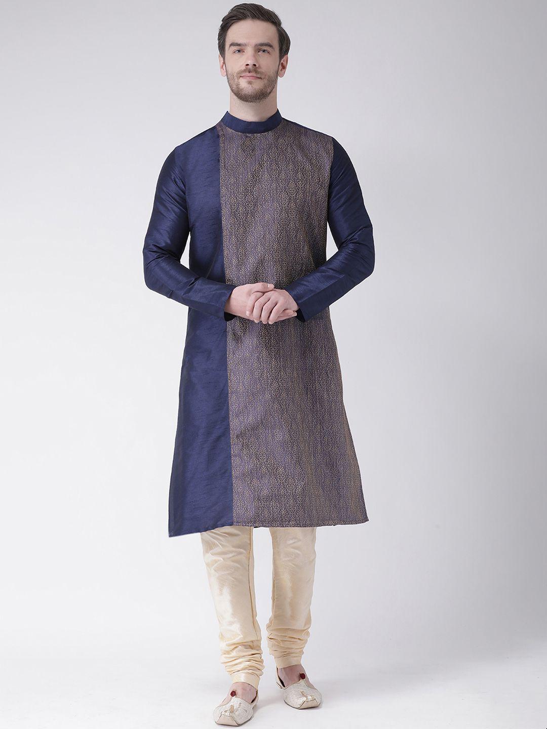 deyann men navy blue woven design straight kurta