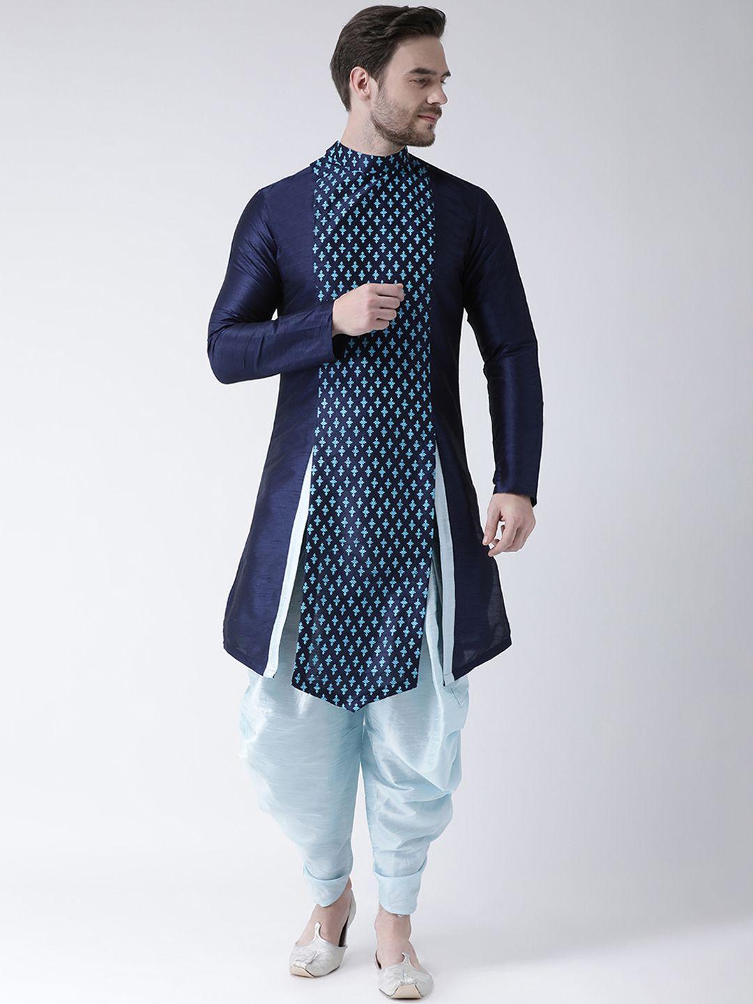 deyann men navy blue woven design straight kurta