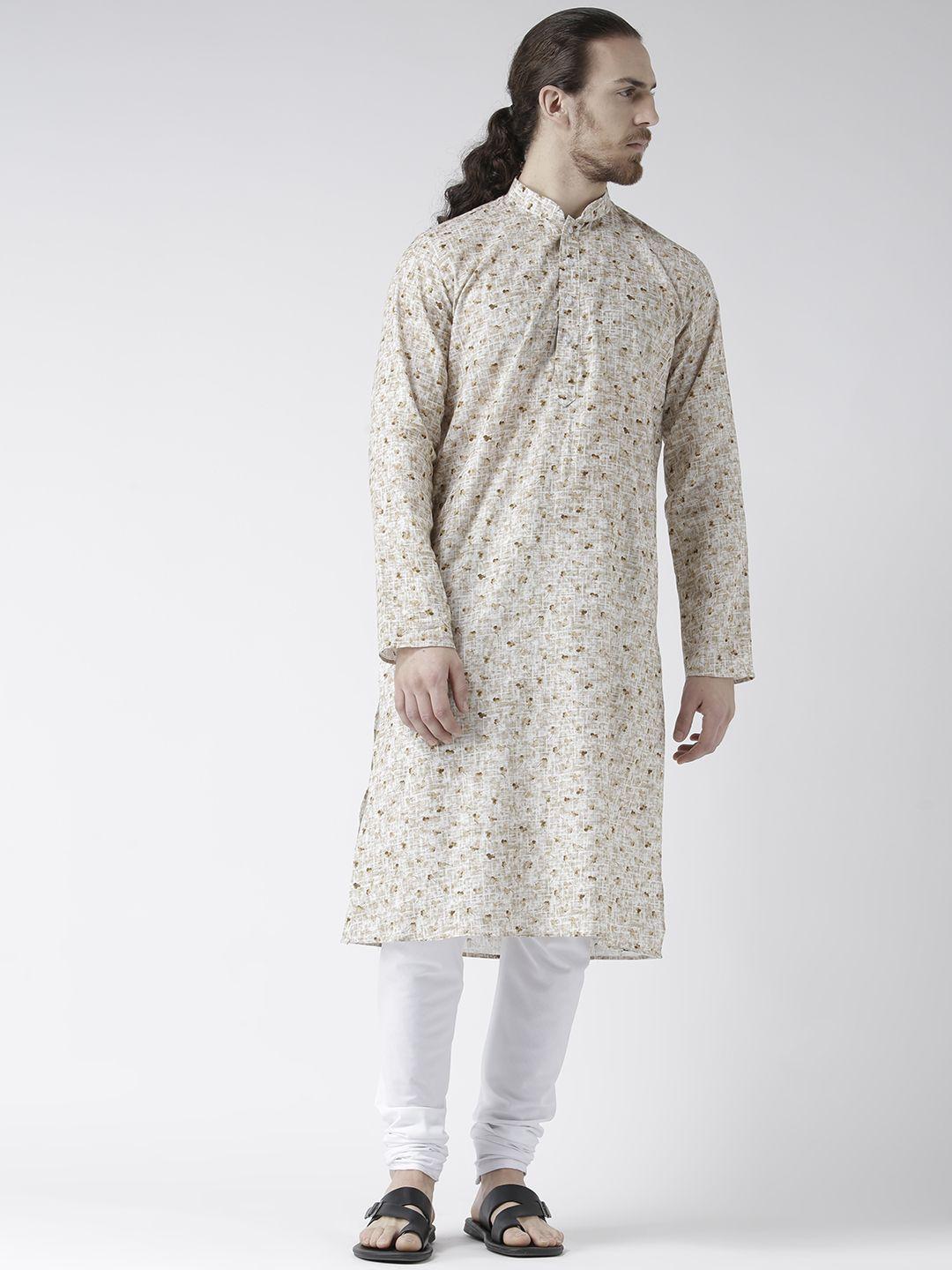 deyann men off-white & beige printed linen kurta with cotton blend pyjamas