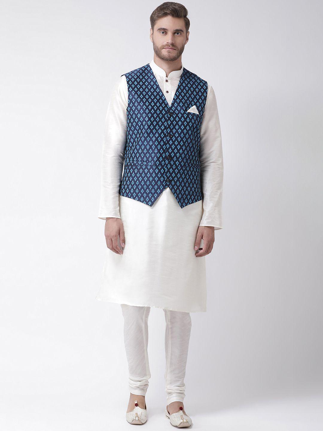 deyann men off-white & blue printed kurta with churidar