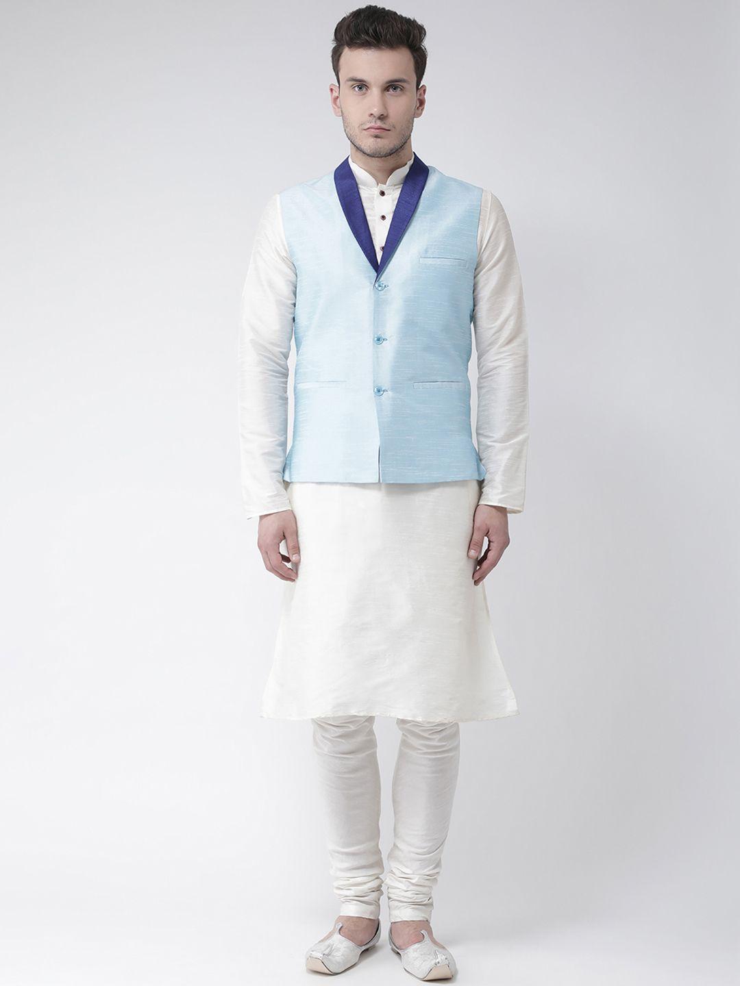 deyann men off-white & blue solid kurta with churidar