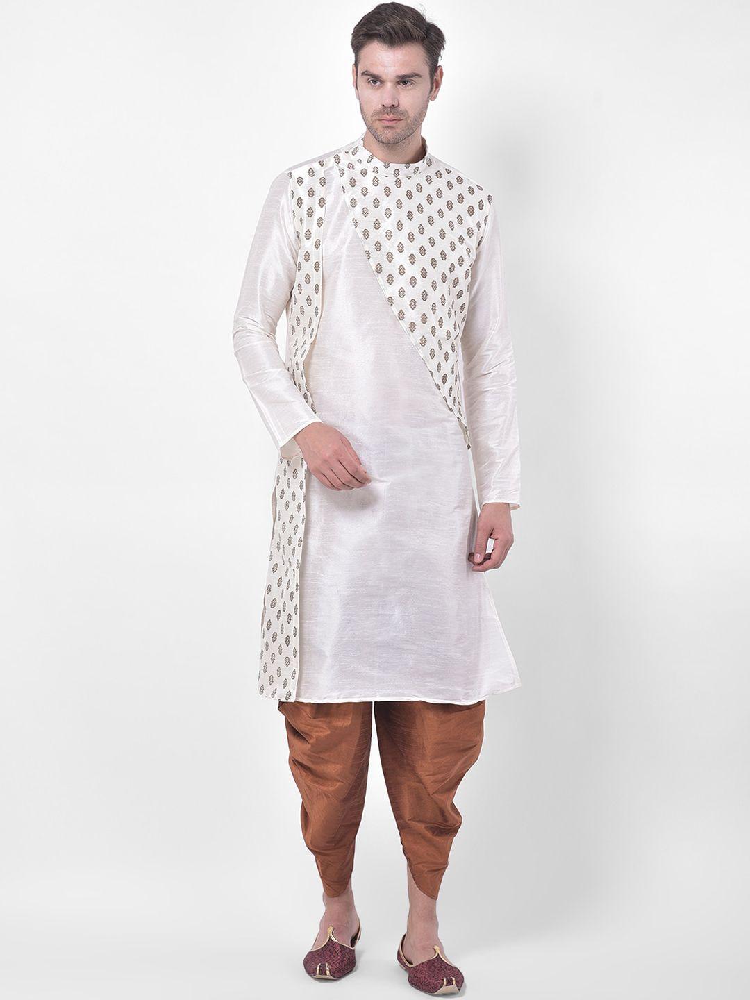 deyann men off white & copper-toned printed regular straight dupion silk kurta & dhoti