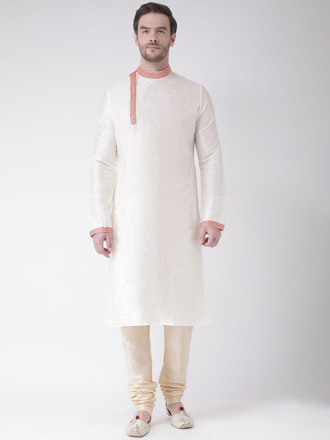 deyann men off-white & cream-coloured self design kurta with churidar