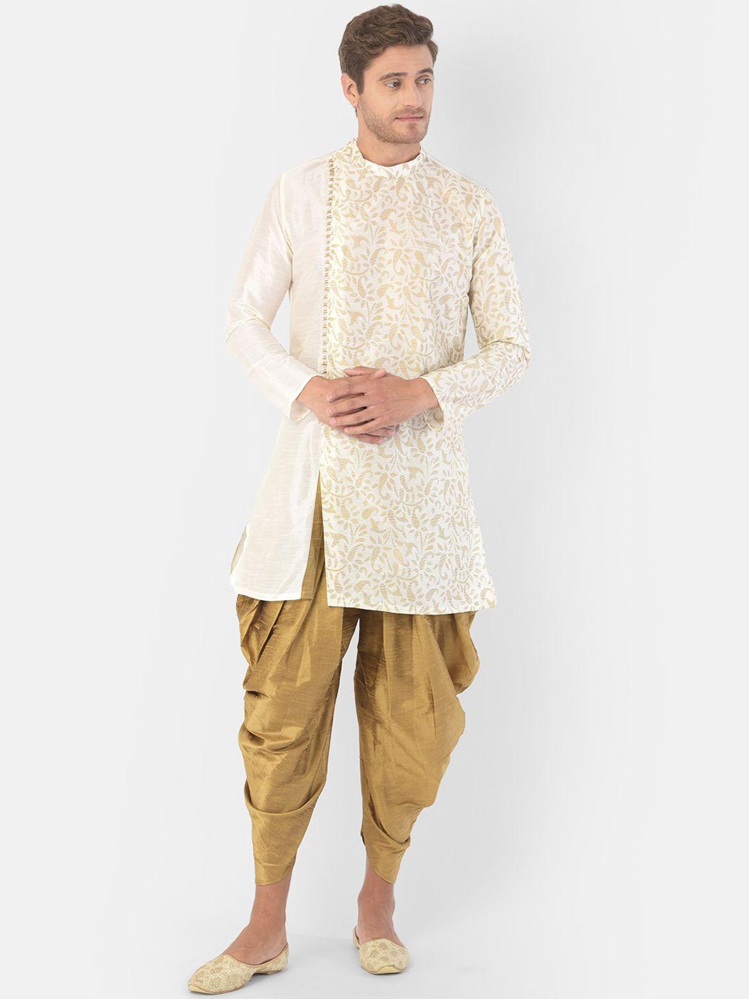 deyann men off-white & gold-toned printed kurta with dhoti pants