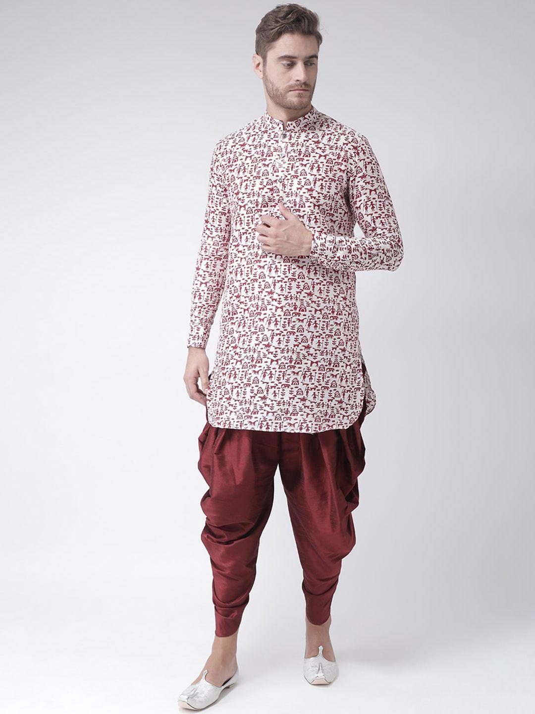 deyann men off white & maroon ethnic motifs printed dupion silk kurta with patiala