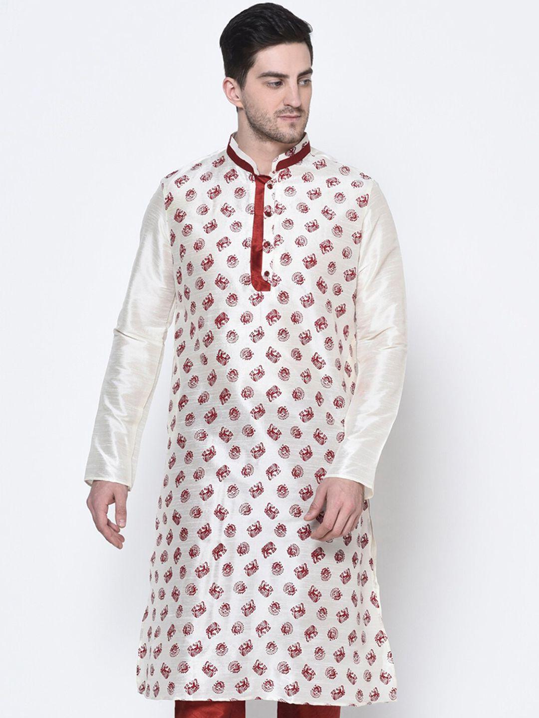 deyann men off-white & red printed dupion silk kurta with pyjamas