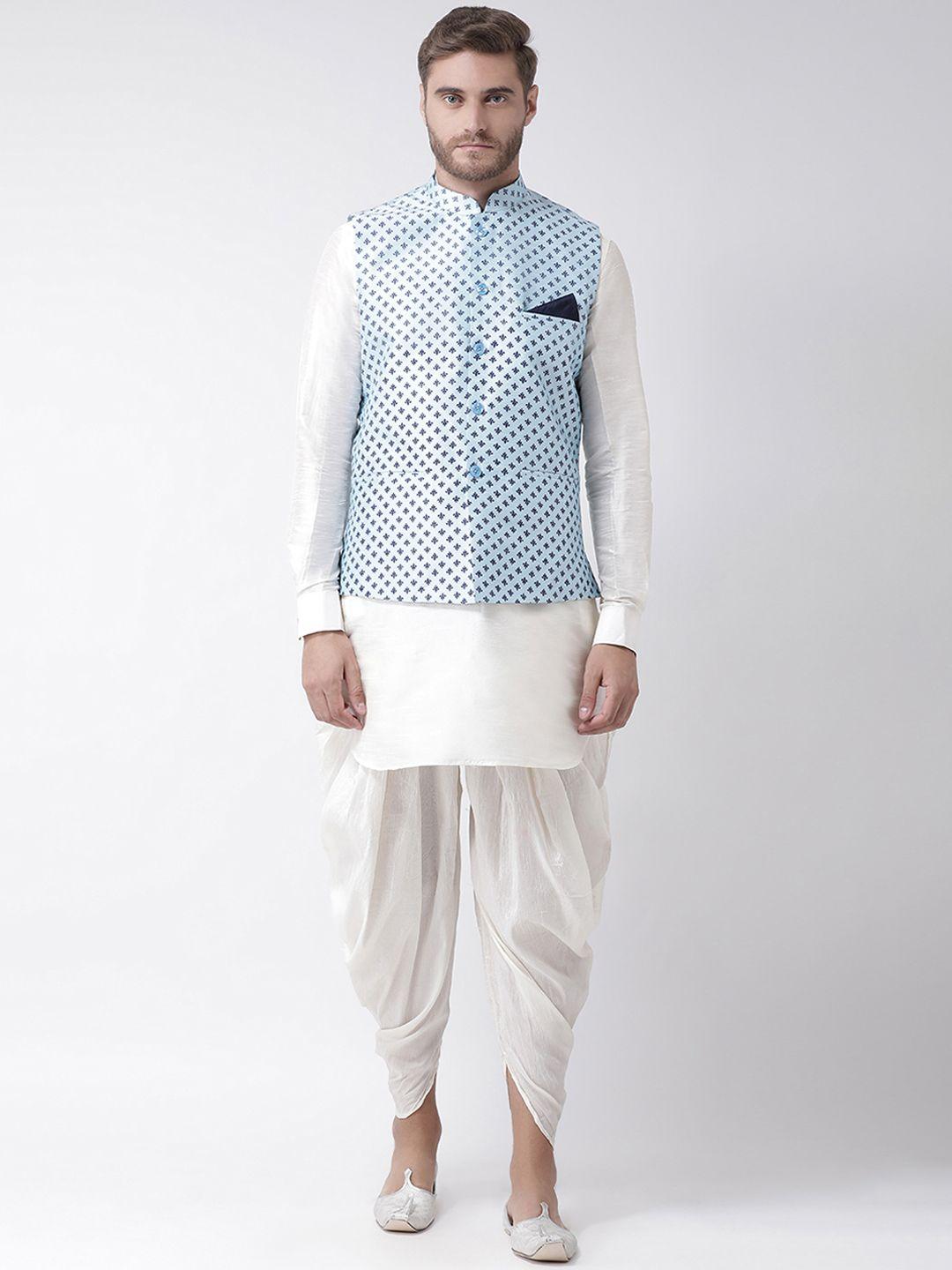 deyann men off-white & white solid kurta with patiala and nehru jacket