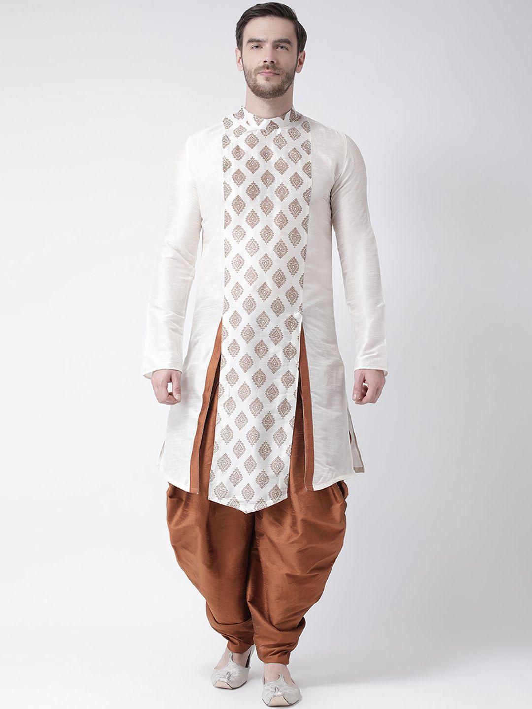 deyann men off white ethnic motifs printed panelled dupion silk kurta with dhoti pants