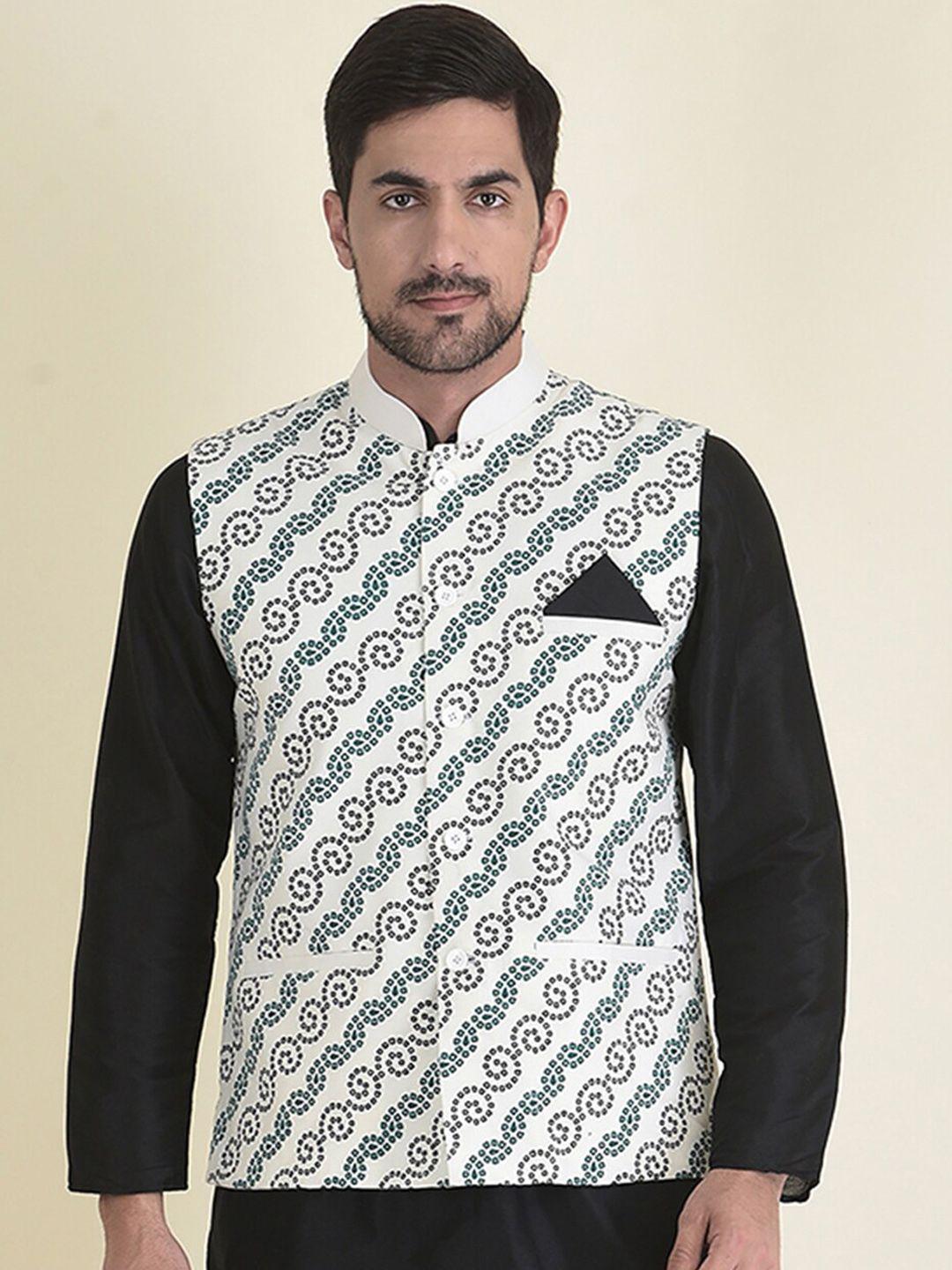 deyann men off white printed kurta with trouser & nehru jacket