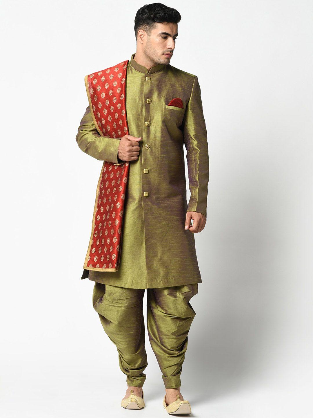 deyann men olive green woven design dupion silk sherwani with dhoti pants & dupatta