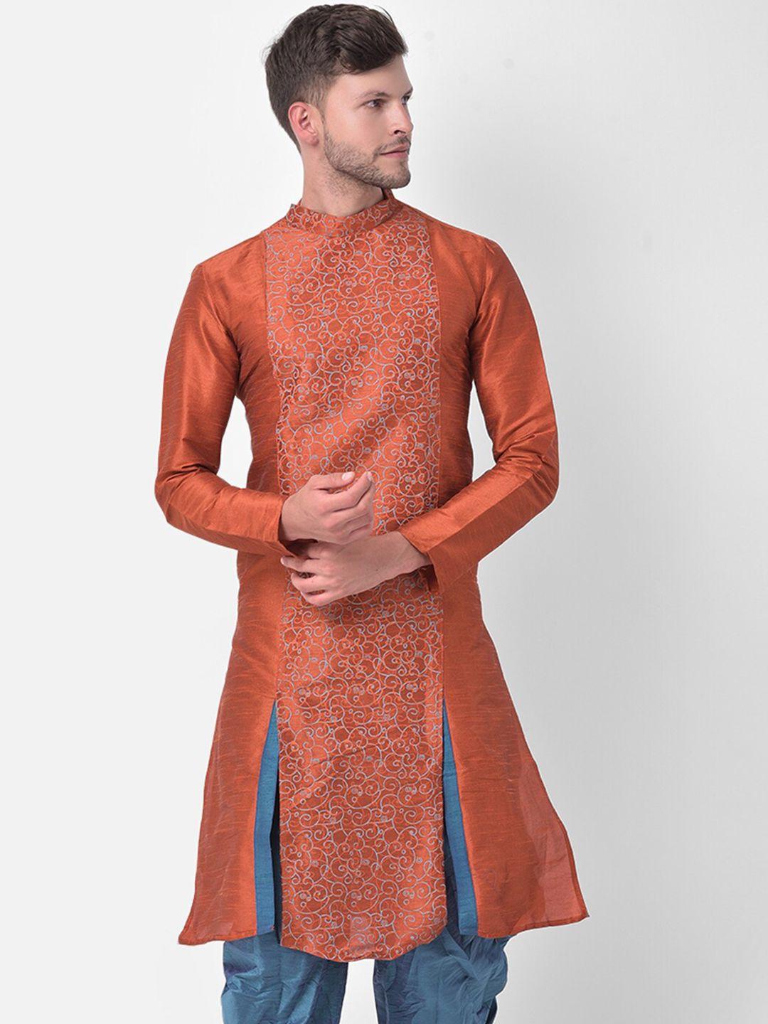 deyann men orange & blue ethnic motifs regular dupion silk kurta with dhoti pants