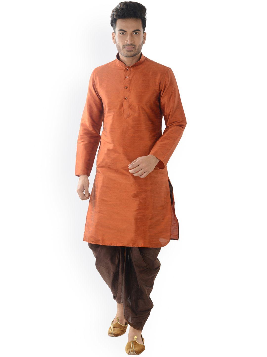 deyann men orange & brown solid kurta with dhoti pants