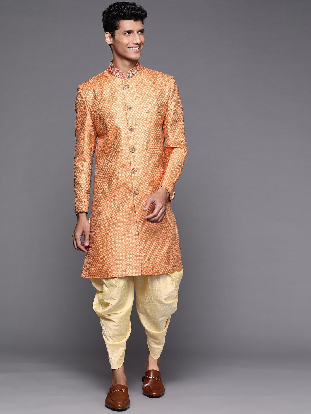 deyann men orange & cream- coloured woven design sherwani with patiala salwar