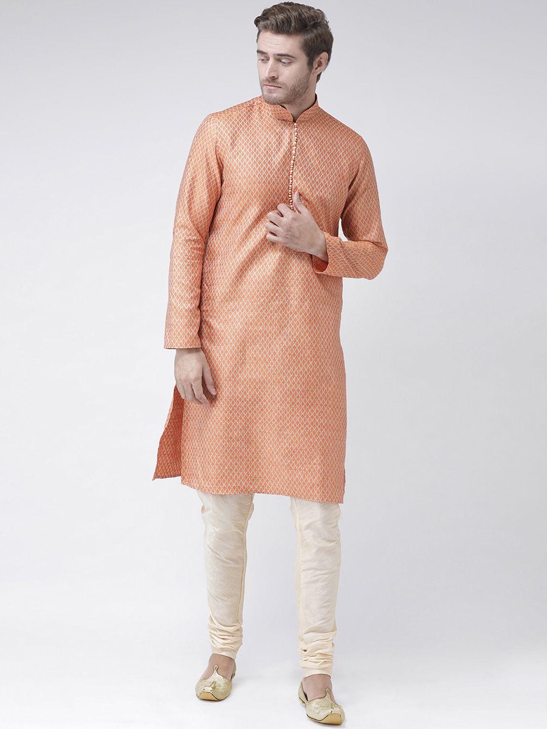 deyann men orange & cream-coloured self design kurta with churidar