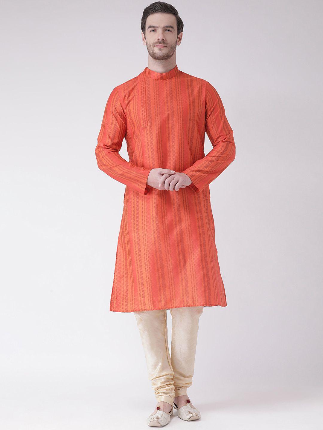 deyann men orange & cream-coloured self design kurta with churidar