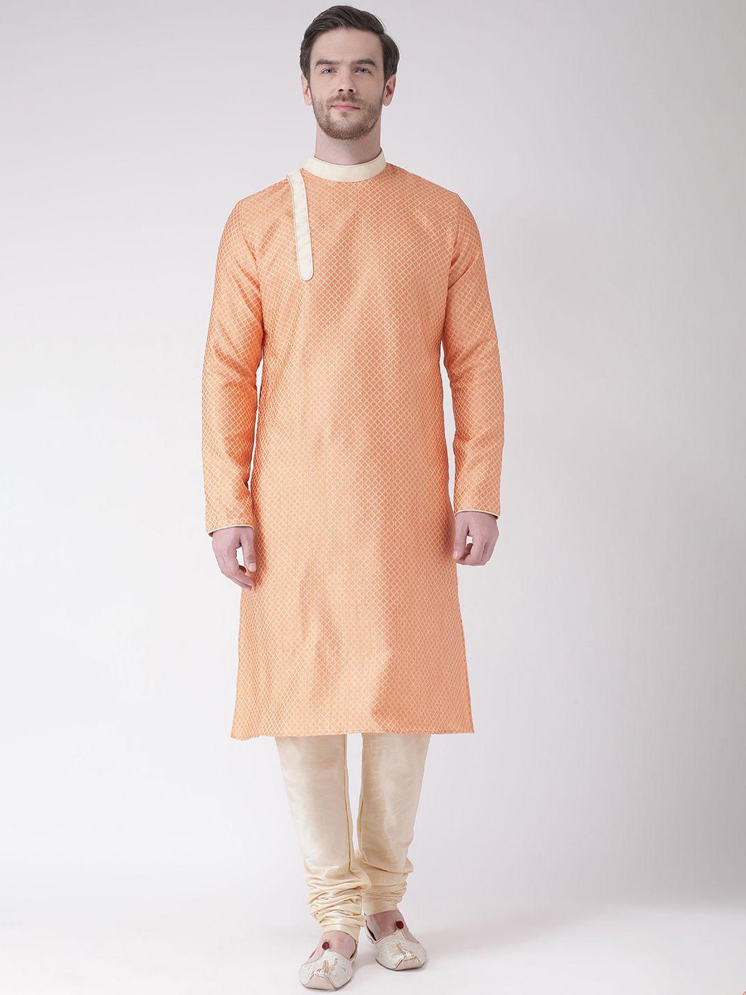 deyann men orange & cream-coloured self design kurta with churidar