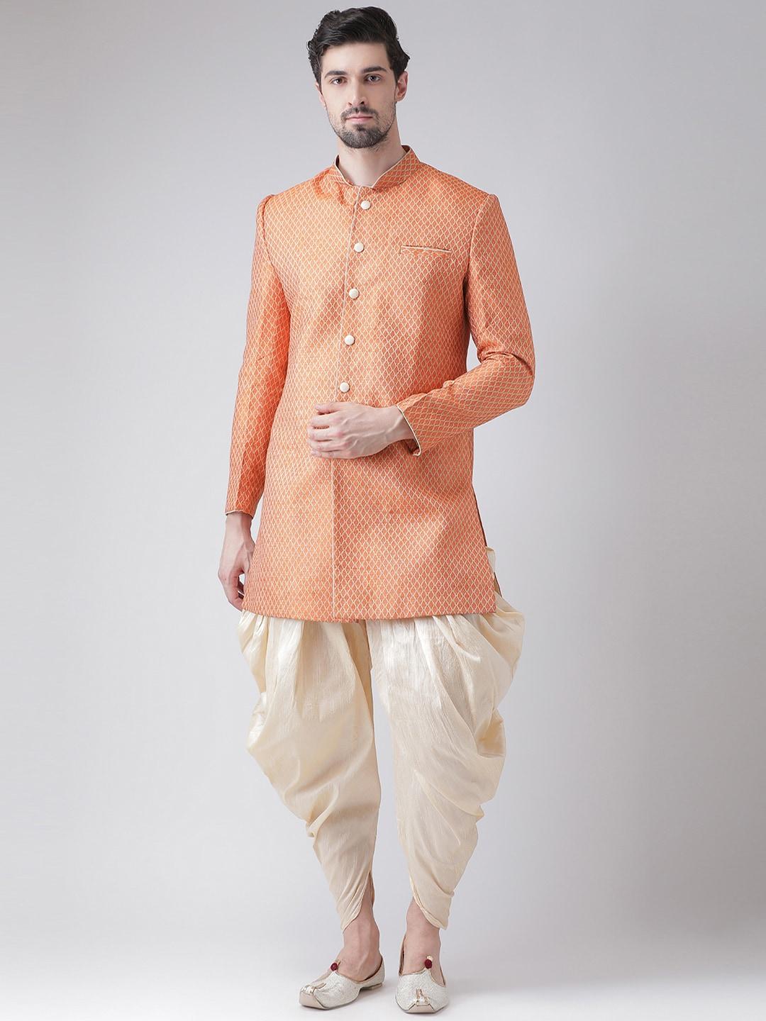 deyann men orange & cream-coloured sherwani with dhoti pants