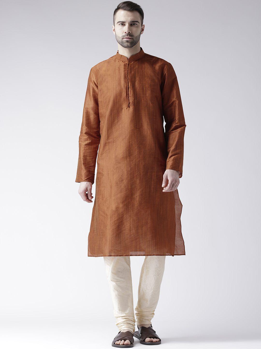 deyann men orange & cream-coloured solid kurta with churidar