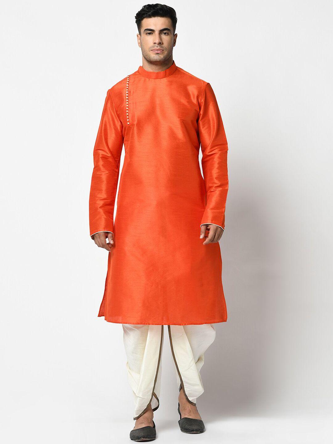 deyann men orange & cream-coloured solid kurta with dhoti pants