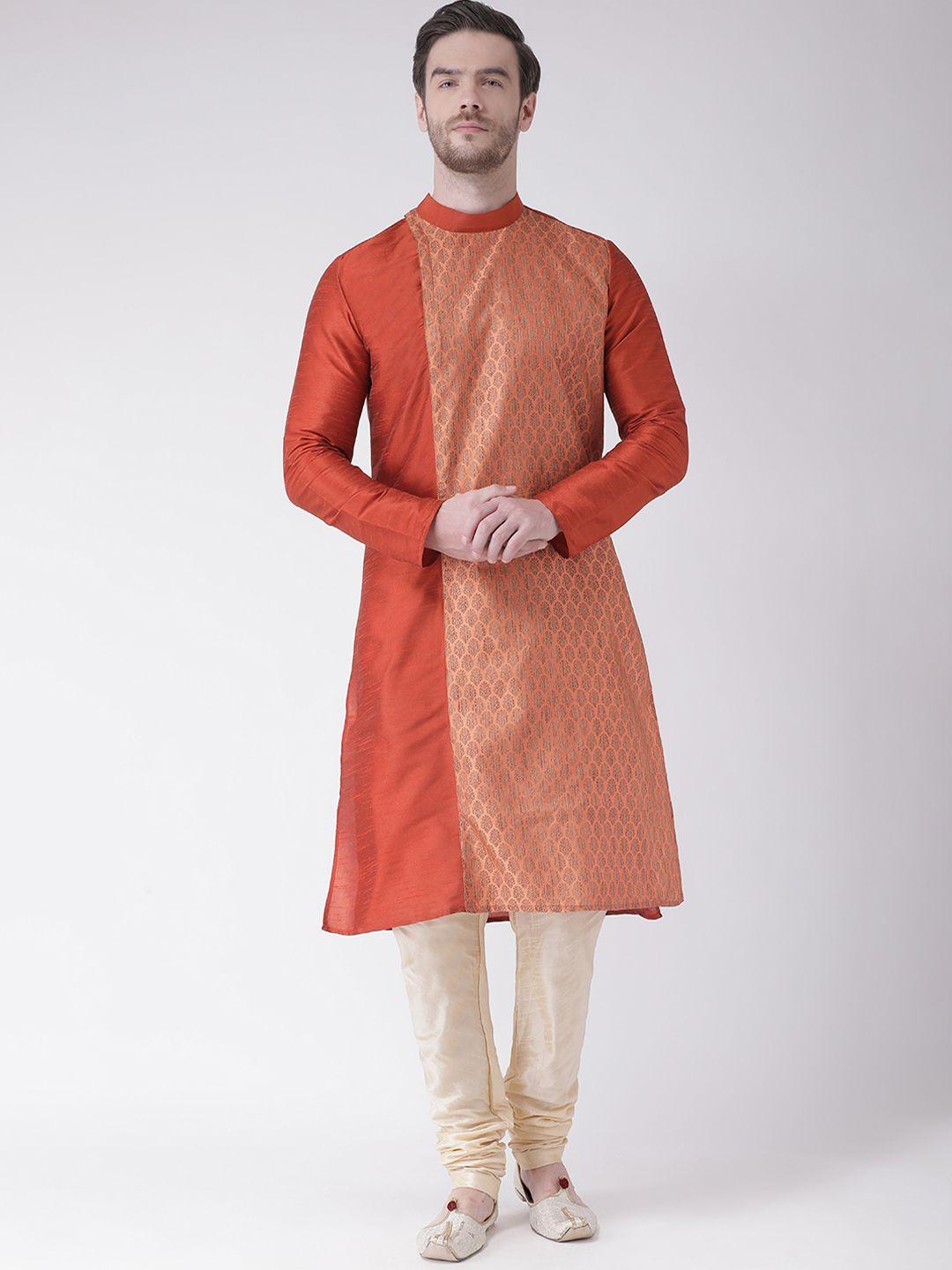 deyann men orange & cream-coloured woven design kurta with churidar