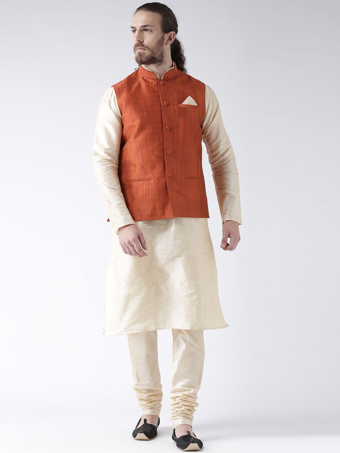 deyann men orange & cream solid kurta with pyjamas & nehru jacket