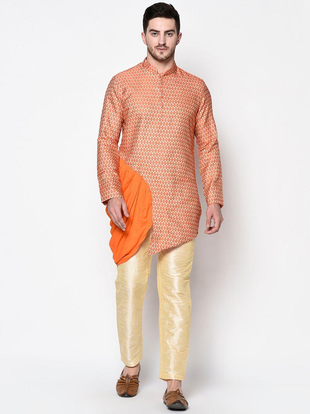 deyann men orange & gold-toned woven design kurta with pyjamas