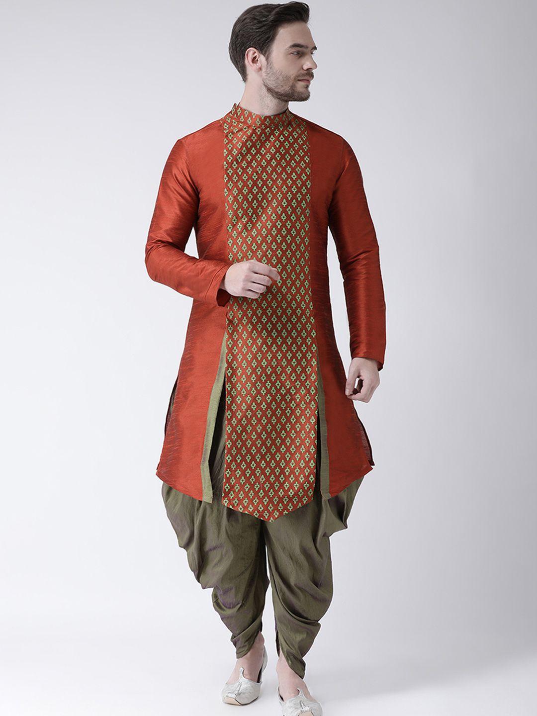 deyann men orange & green printed straight kurta