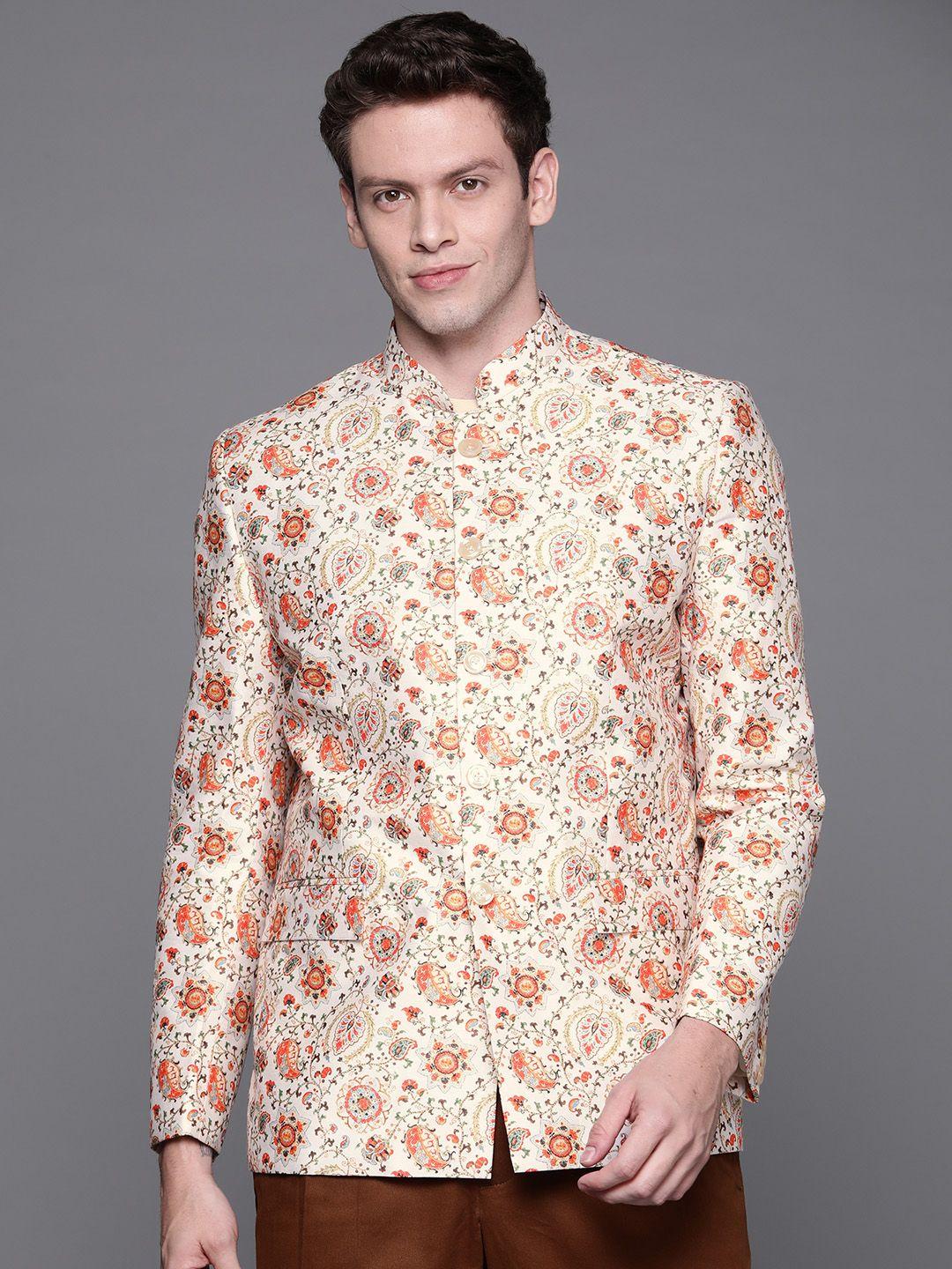 deyann men orange & off white ethnic motifs printed bandhgala blazer