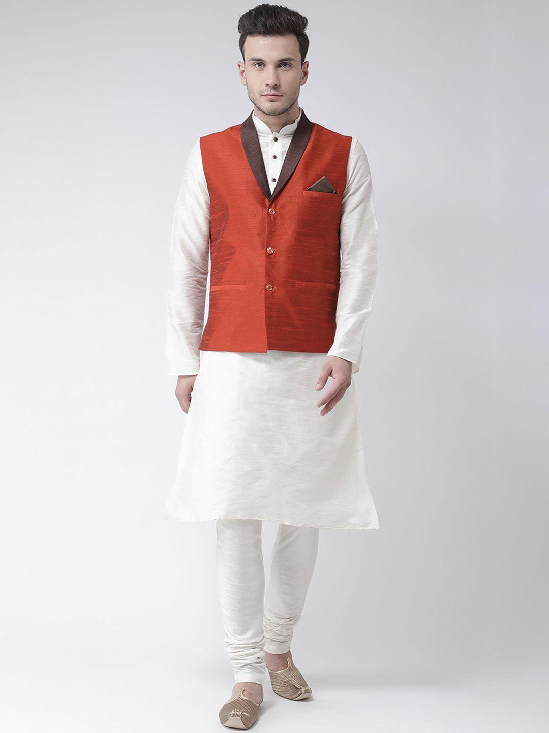 deyann men orange & off-white solid dupion silk kurta set
