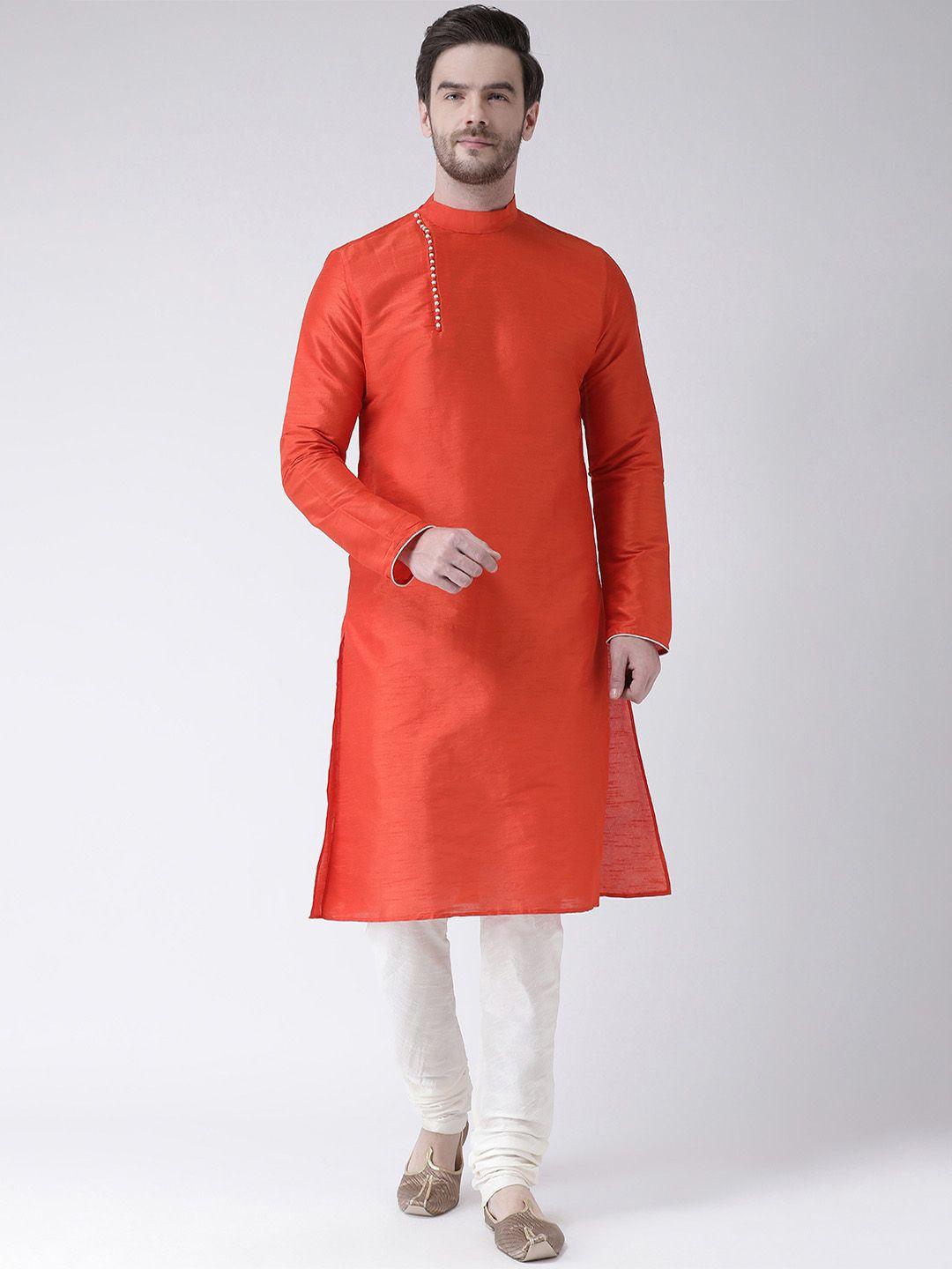 deyann men orange & off-white solid kurta with churidar