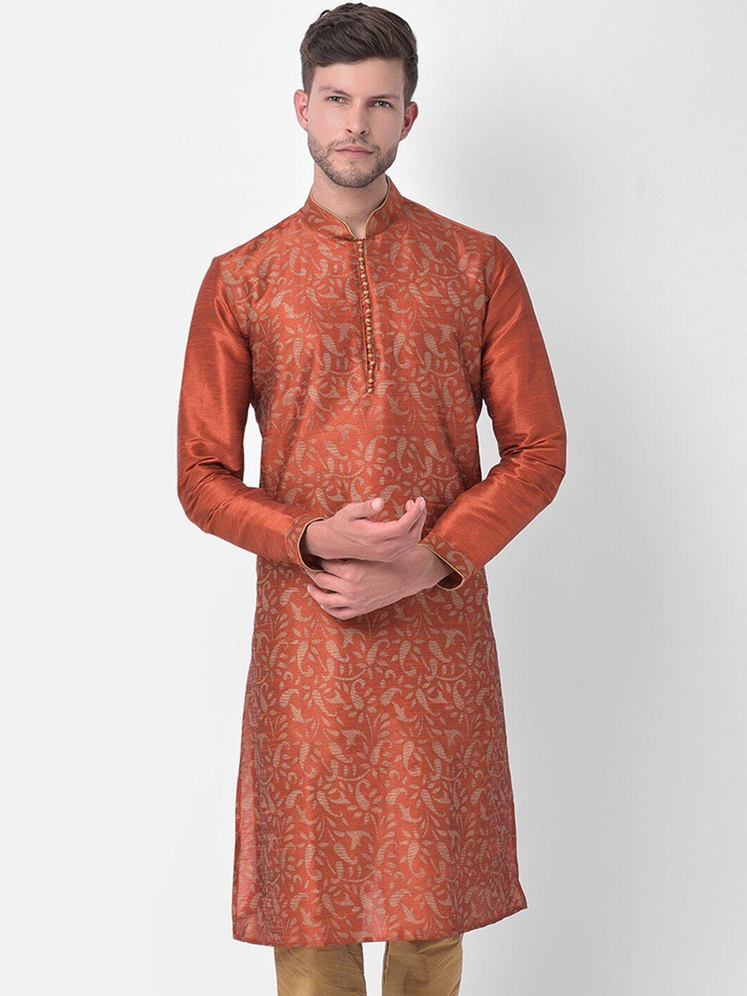 deyann men orange ethnic motifs regular dupion silk kurta with churidar